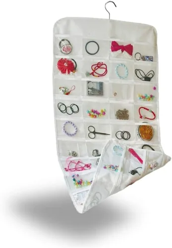 Vista 8 de Organizador colgante de doble cara para joyas, soporte para herramientas pequeñas con 80 bolsillos transparentes (negro)