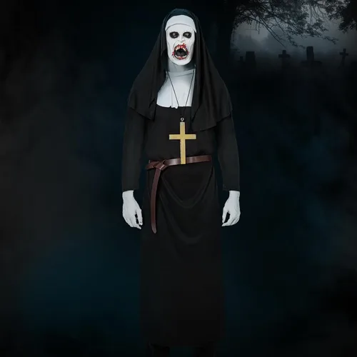 Vista 6 de Juego de 4 piezas de disfraz de monja con máscara aterradora para adultos unisex, para hombres y mujeres, disfraz de Halloween de talla grande
