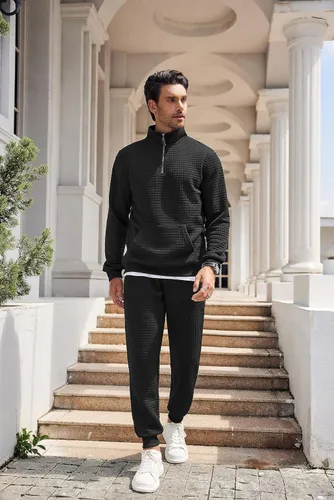 Vista 4 de COOFANDY Conjunto deportivo de 2 piezas para hombre, ajuste relajado, con media cremallera, para correr