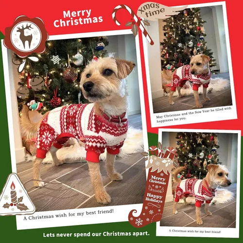 Vista 6 de KYEESE Pijamas de Navidad para Perros, Pijamas Navideños para Perros Pequeños con Patrón de Copo de Nieve, Cálido Mameluco de Vellón para Gato