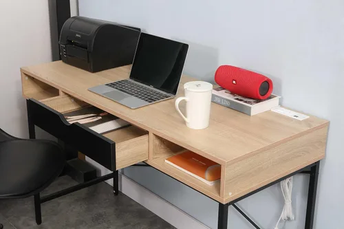Vista 3 de JJS Escritorio de 48 pies con toma de corriente, escritorio grande contemporáneo para oficina en casa, estación de trabajo para computadora portátil