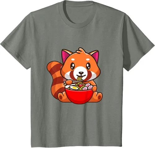 Vista 52 de Camiseta Kawaii Anime Red Panda Eating Ramen Noodles, Negro, S