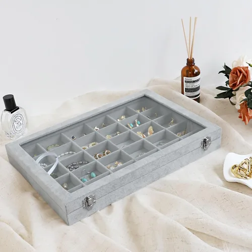 Vista 5 de Wudygirl Organizador de joyas de terciopelo con 30 rejillas, caja de joyas, bandeja de joyería con tapa transparente, estuche de almacenamiento