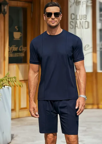 Vista 2 de COOFANDY Conjunto corto de 2 piezas para hombre, camiseta de manga corta y pantalones cortos, conjunto deportivo casual deportivo