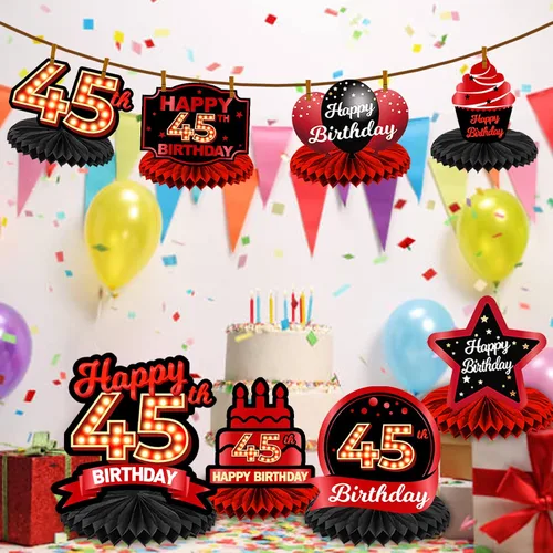 Vista 6 de Feliz 45 cumpleaños rojo y negro centros de mesa de panal de abeja decoraciones de globos decoración de mesa centros de mesa para niñas mujeres
