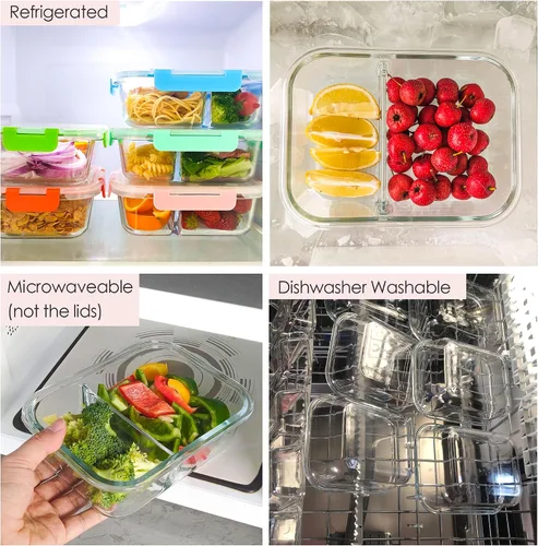 Vista 4 de [Paquete de 5, 34 onzas] Juego de recipientes de vidrio con tapa y 2 compartimentos Glass Storage Containers, Airtight Lunch Boxes with 2 Dividers