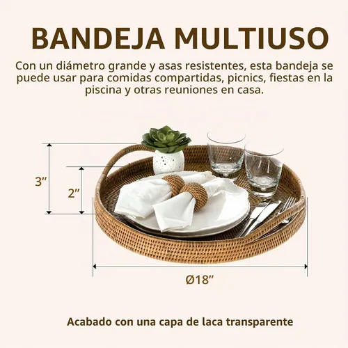 Vista 3 de KOUBOO La Jolla Bandeja de Ratán para Servir y Exhibir con Asas, Anfitrión, Fiesta y Bandeja Otomana para Té, Sala de Estar