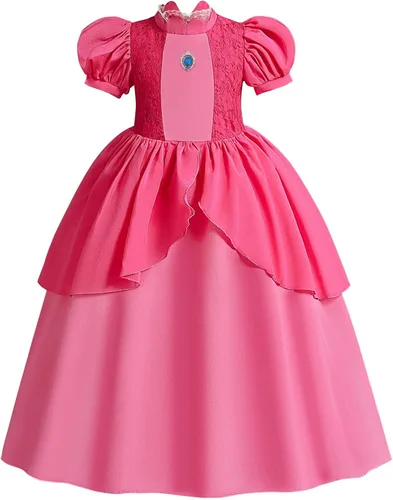 Vista 2 de Touchliit Disfraz de princesa melocotón para niñas, disfraz de princesa melocotón de Halloween para niños, disfraz de cosplay de Super Bros
