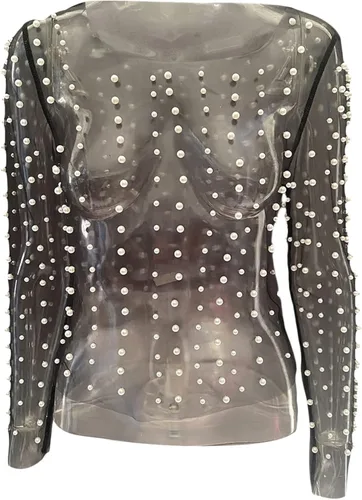 Vista 6 de Camisa de perlas de manga larga de malla transparente para mujer