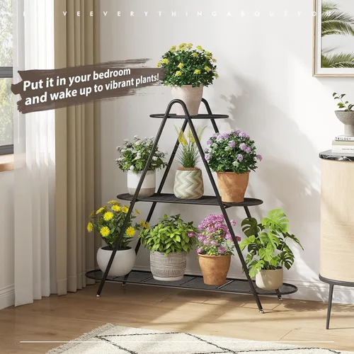 Vista 5 de STDDRE Soporte para plantas de interior, estante alto para plantas al aire libre, estante alto para plantas de 3 niveles, soporte de metal grande