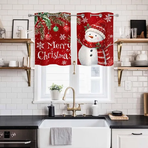 Vista 86 de Libaoge Cortinas de Navidad para cocina, dormitorio, juego de 2 paneles, diseño de muñeco de nieve de Navidad, cortinas de invierno con copos
