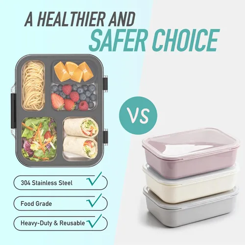 Vista 5 de Caja Bento de acero inoxidable para niños con recipiente de silicona, lonchera metálica de 4 compartimentos para niños y adultos, sello de silicona