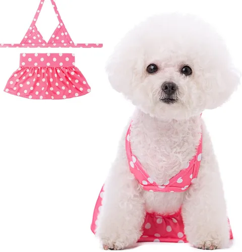 Vista 11 de Bikini para perro, traje de baño de verano para cachorros, ropa de playa, disfraz de gato para cachorro, perro gato (XS, lunares azules)