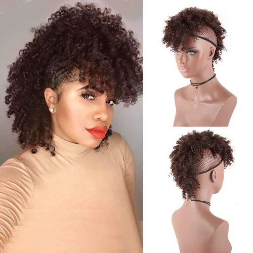 Vista 14 de Aisaide Cola de caballo afro Mohawk alta con flequillo sin cordón, extensión de cola de caballo corta rizada sin cordón, clip sintético en moño