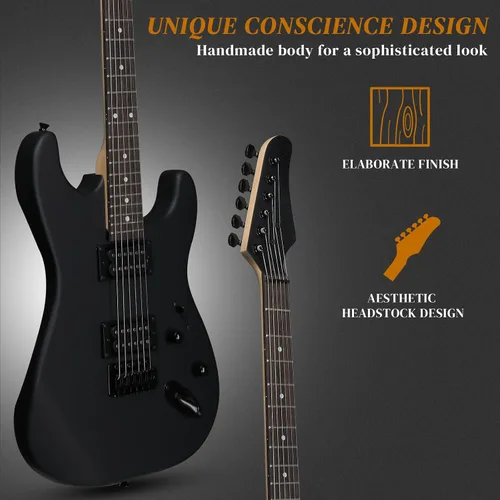 Vista 6 de Ktaxon - Kit de guitarra eléctrica de tamaño completo H-H Pickup con amplificador de 20 W, color negro mate with Bag, Strap, Cable; Deliver Rich