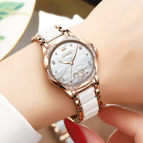 Vista 2 de OLEVS Reloj automático para mujer esfera grande de alta calidad con diamantes de cuerda automática acentuados para mujer reloj de vestir impermeable