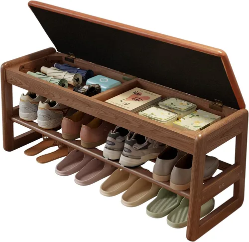 Vista 16 de AQIMUELE Banco pequeño para zapatos, banco de zapatos de 2 niveles con almacenamiento con tapa abatible, zapatero de madera para entrada, pasillo