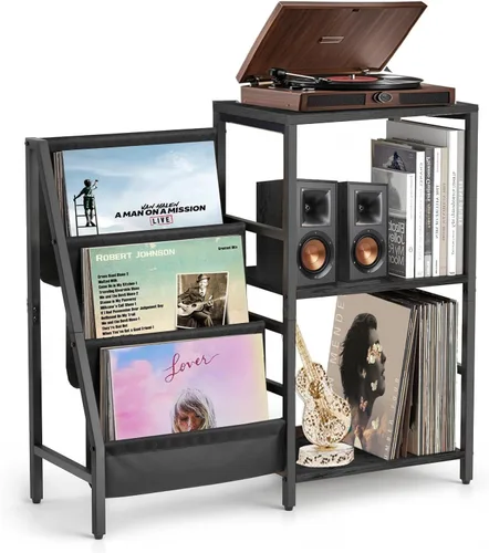 Vista 8 de Soporte para tocadiscos, soporte para tocadiscos con almacenamiento de discos de vinilo, soportes para tocadiscos, mesa auxiliar marrón para sala
