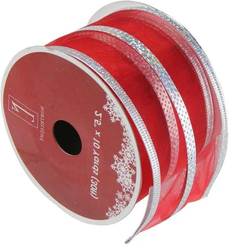 Vista 3 de Northlight Cinta de Navidad a rayas rojas y plateadas con alambre de 2.5 pulgadas x 10 yardas