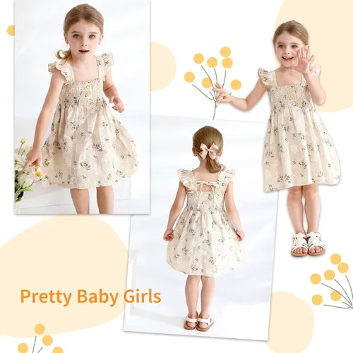 Vista 3 de JEELLIGULAR Vestido para niña pequeña, con volantes, sin mangas, con botones, vestido de verano para playa, casual, acampanado, vestido de verano