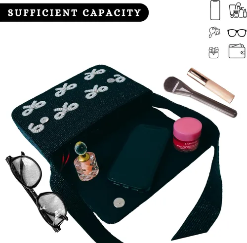 Vista 7 de Elegante bolso de hombro con cuentas negras con detalles de lazo, ocasiones formales e informales, ligero y duradero (elegancia de lazo)
