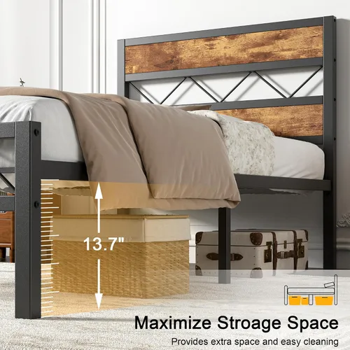 Vista 5 de VECELO Base de cama tamaño individual con cabecero, plataforma resistente con soporte de listones de metal, no necesita somier, fácil montaje, negro