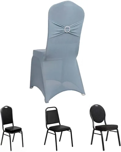 Vista 45 de Efavormart - Funda para silla de banquete de elastano beige con banda de hebilla de diamantes de imitación plateados, funda elástica para silla