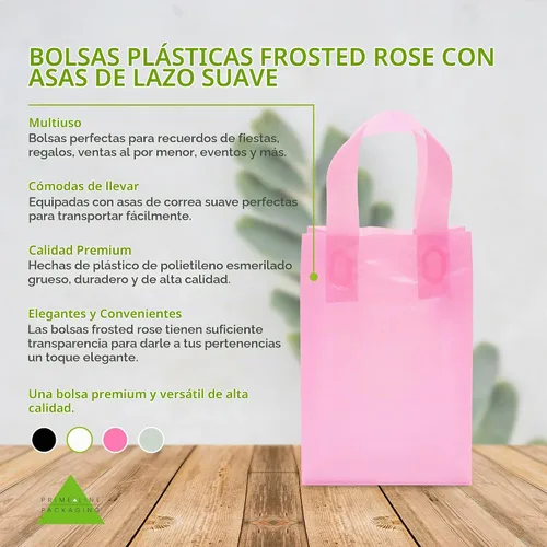 Vista 2 de Prime Line Packaging Bolsas de regalo rosadas, bolsas de tote de plástico esmerilado con asas para pequeñas empresas, golosinas, compras, cumpleaños