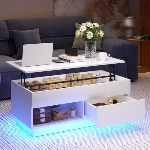 Vista 17 de HOMMPA - Mesa de café con tapa elevable de 40" con almacenamiento, mesa de centro LED moderna de alto brillo para sala de estar, mesa de té moderna