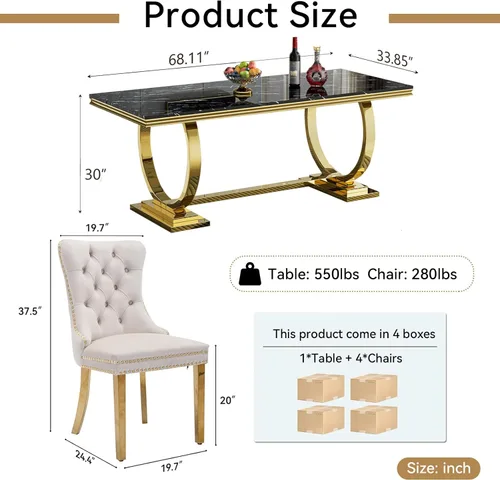 Vista 5 de Juego de mesa de comedor de mármol de 68.11 pulgadas para 4, moderna mesa de comedor de mármol sintético con 4 sillas de comedor de terciopelo