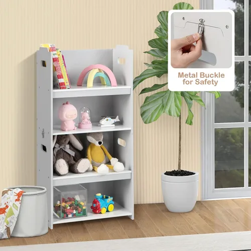 Vista 6 de HONEY JOY Juego de mesa y silla para niños, mesa convertible para niños y 2 bancos y estantería organizadora de almacenamiento de juguetes de 4