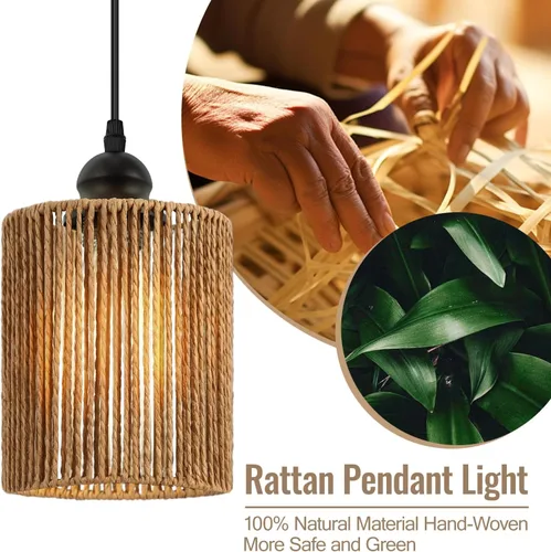 Vista 3 de BoostArea Luces Colgantes de Ratán para Isla de Cocina, Candelabro de Estilo Rústico con Pantalla de Mimbre Tejida a Mano, Luz Colgante Bohemia