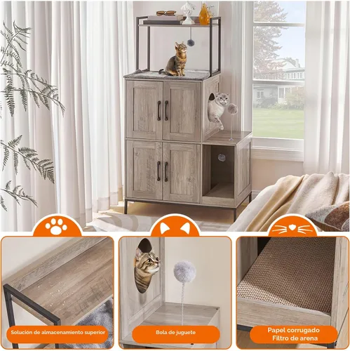 Vista 7 de HOOBRO Mueble para Caja de Arena para Gatos, Mueble Oculto para Caja de Arena 2 en 1 con Estante, Gabinete Doble para Caja de Arena con 2 Pelotas