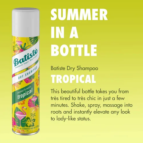 Vista 6 de Batiste Champú seco, fragancia tropical, refresca el cabello y absorbe el aceite entre lavados, champú sin agua para mayor textura y cuerpo