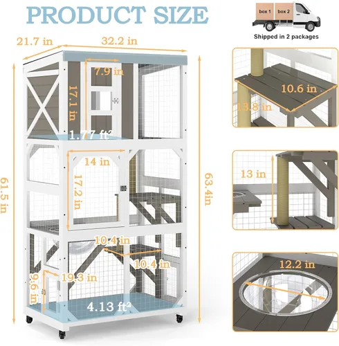 Vista 2 de Ketive Catio grande de madera para exteriores de 64", casa para gatos de ventana con ruedas y 3 plataformas, jaula para gatitos con techo resistente