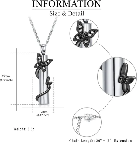 Vista 2 de shajwo Collar de cenizas de urna de mariposa cilíndrica para mujeres y hombres, joyería de cremación de seres queridos, colgante de vial