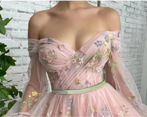 Vista 3 de Fivsole Vestido de fiesta con hombros descubiertos y mangas abullonadas para mujer, con bordado de flores, tul corto, vestidos formales de fiesta