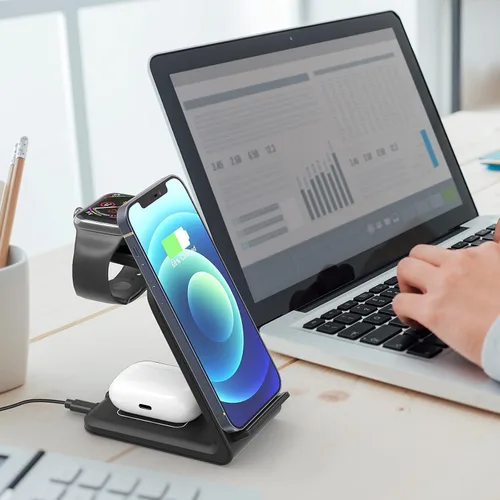 Vista 6 de Wireless Charging Station,Popveen 3in1 Wireless Charger Stand with Adapter 15W Fast Wireless Charging for Apple iWatch Series SE/6/5/4/3/2/1,AirPods