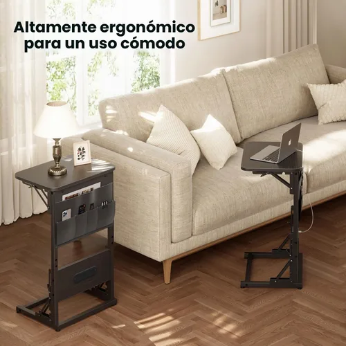 Vista 6 de HLDIRECT - Mesa auxiliar en forma de C con estación de carga, mesa lateral para sofá con bolsa de almacenamiento, bandeja para TV ajustable