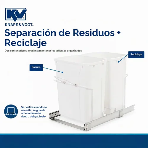 Vista 8 de Knape & Vogt Bote de basura extraíble de montaje inferior para gabinete Blanco - Tipo de deslizamiento de rodamiento de bolas