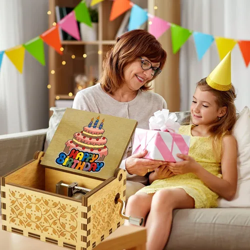 Vista 3 de Muzero - Caja de música de cumpleaños, regalo para mujeres, hermanas, hija, hijo, amigos, cumpleaños Caja de música de manivela de madera, regalos