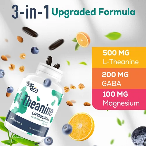 Vista 3 de CyberCerix L-teanina liposomal 500 mg, complejo con GABA 200mg y magnesio 100 mg, suplemento extra fuerte para calma, relajación y concentración