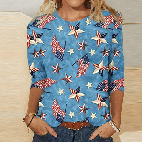 Vista 2 de SHOPESSA Camiseta patriótica de manga 34 para mujer, para el 4 de julio, con la bandera americana, para el 4 de julio