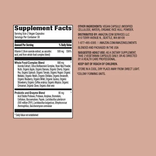 Vista 3 de Amazon Elements - Vitamina C integral, 95% fuente de alimentos integrales, ingredientes dietéticos y otros derivados de alimentos integrales