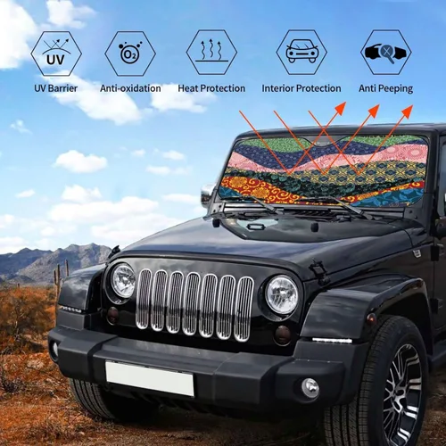 Vista 6 de Chinese Wind Wave Stitching Xiangyun Peony Mandala Windshield Shade Blocks UV Rays Keep Cool for Most Sedans SUV Truck Automotive Truck Passenger