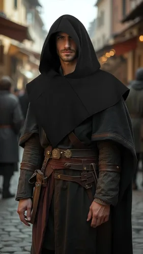 Vista 5 de UQJE Capucha medieval renacentista con capucha de asesino para Halloween, capa corta con capucha para adultos