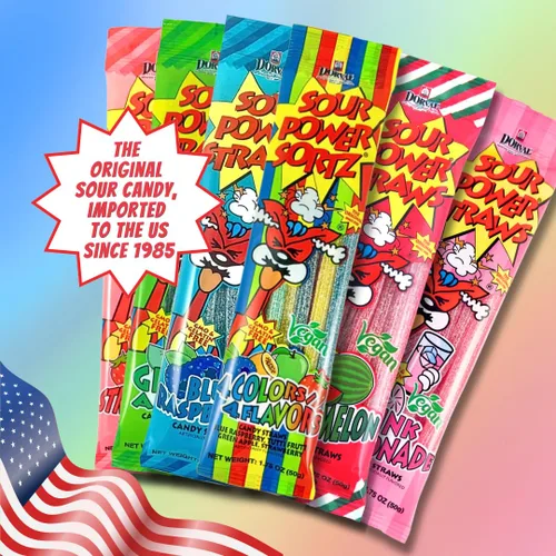 Vista 3 de Sour Power Premium Sorbetes de caramelo surtidos – Los caramelos de pajitas agrias originales desde 1985 – 50 g (Paquete de 6) – Vegano,