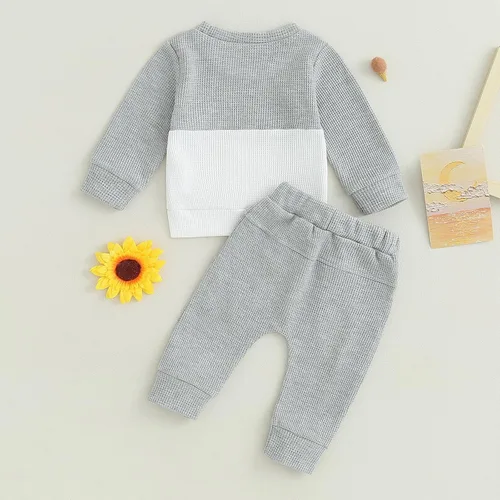 Vista 3 de Ropa de bebé niño de 0 a 3 años, sudadera con retazos de gofre, camisa y pantalones, traje de otoño e invierno