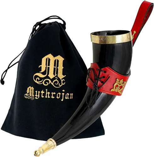 Vista 18 de Mythrojan Cuerno vikingo para beber 100% natural, auténtico, decoración de latón, cuerno nórdico con funda de cuero negro, bolsa de lona para vino