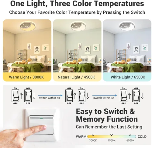 Vista 4 de Lámparas de techo de 12 pulgadas, lámparas creativas de luna y estrella para dormitorio, 3 temperaturas de color seleccionables, lámparas de techo